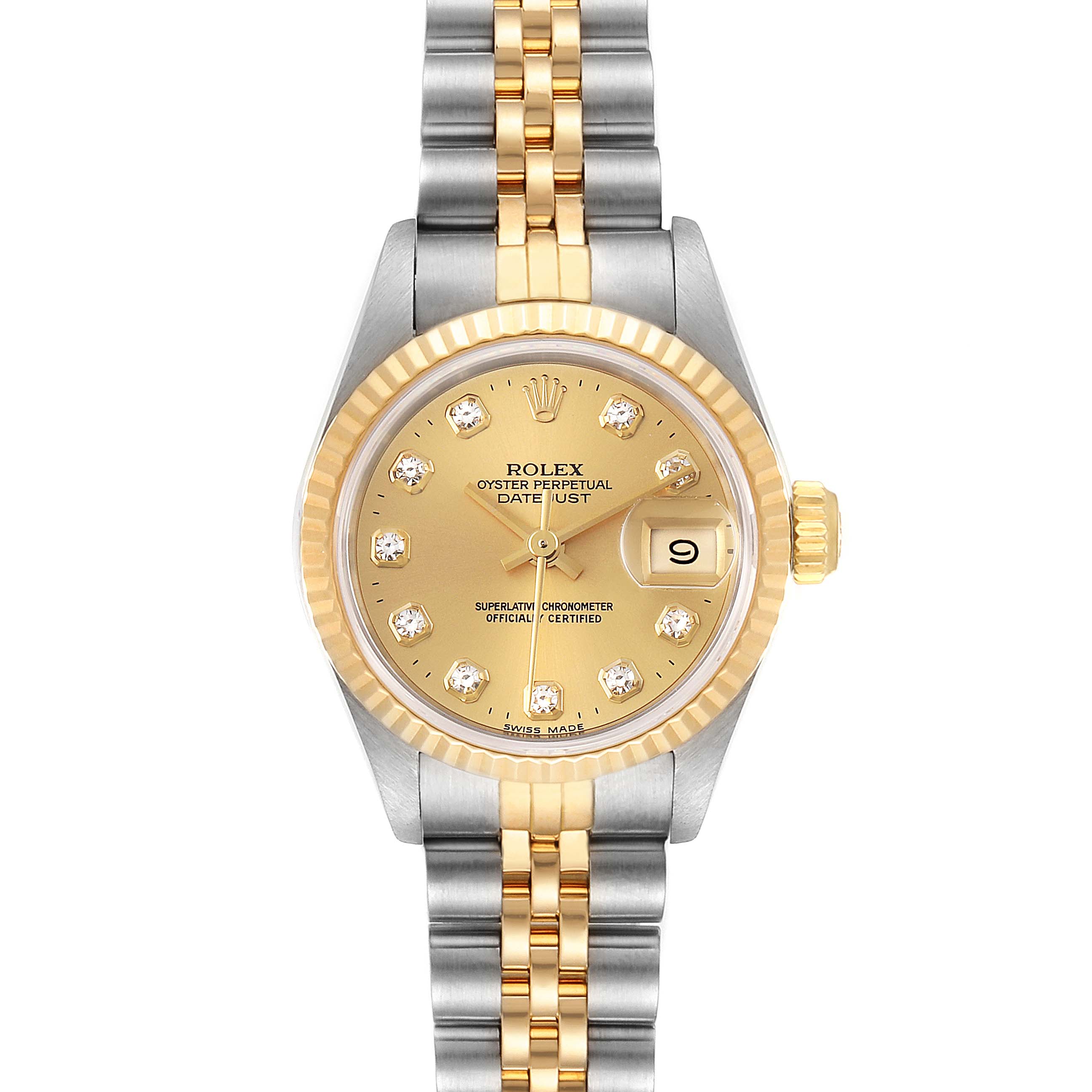 The image shows a front view of a Rolex Datejust 69173 Women's Steel and Gold (two tone) Champagne Dial 69173 Women's Steel and Gold (two tone) Champagne Dial watch, highlighting its gold dial, diamond markers, fluted bezel, and two-tone bracelet.