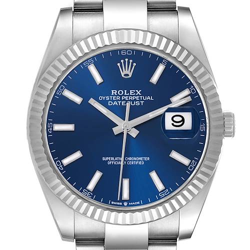 The Rolex Datejust 41 126334 Men's Stainless Steel Blue Dial 126334 Men's Stainless Steel Blue Dial model is shown from a front angle, highlighting the blue dial, fluted bezel, and date window.