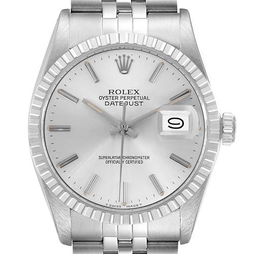 The Rolex Vintage Collection 16030 Men's Stainless Steel Silver Dial 16030 Men's Stainless Steel Silver Dial Datejust is shown from the front, highlighting the face, bezel, and bracelet.