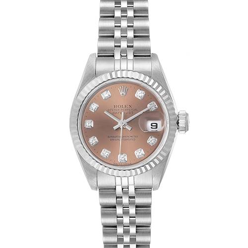 This image shows a Rolex Datejust 69174 Women's Stainless Steel Pink Dial 69174 Women's Stainless Steel Pink Dial watch from a top-down angle, displaying the dial, bracelet, case, and crown.