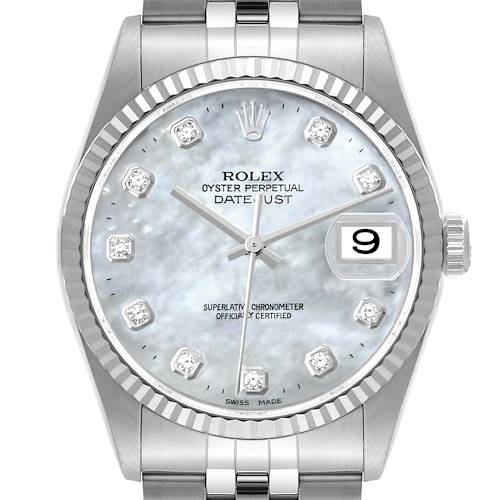 This image shows a close-up of the dial, bezel, and part of the bracelet of a Rolex Datejust 16234 Men's Stainless Steel Mother of Pearl Dial 16234 Men's Stainless Steel Mother of Pearl Dial watch.
