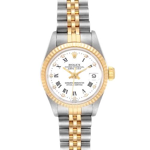 This Rolex Datejust 69173 Women's Steel and Gold (two tone) White Dial 69173 Women's Steel and Gold (two tone) White Dial watch is shown from a top-down angle, displaying the face, bezel, and bracelet.