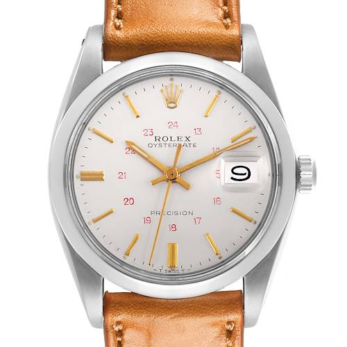 The Rolex Vintage Collection 6694 Men's Stainless Steel Silver Dial 6694 Men's Stainless Steel Silver Dial watch is shown from the front, displaying the dial with hour markers, date window, and leather strap.