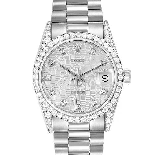 This is a front view of a Rolex President 68159 Women's White Gold Silver Dial 68159 Women's White Gold Silver Dial model watch showing the face, bezel, crown, and bracelet.