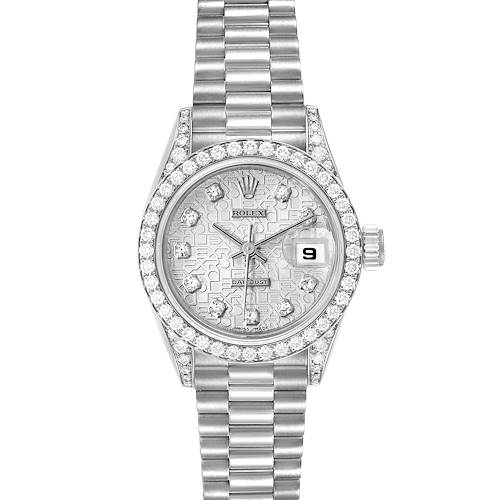 This image shows a front view of a Rolex President 69159 Women's White Gold Silver Dial 69159 Women's White Gold Silver Dial model watch, featuring the dial, bezel, and bracelet.