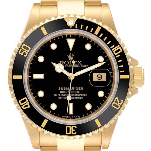 The Rolex Submariner 16618 Men's Yellow Gold Black Dial 16618 Men's Yellow Gold Black Dial watch is shown from the front, highlighting the dial, bezel, and bracelet.