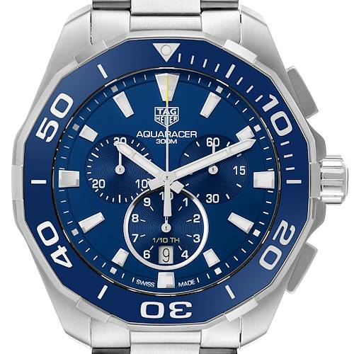 The image shows a front view of a Tag Heuer Aquaracer CAY111B.BA0927 Men's Stainless Steel Blue Dial CAY111B.BA0927 Men's Stainless Steel Blue Dial watch, highlighting its blue dial, bezel, and chronograph features.