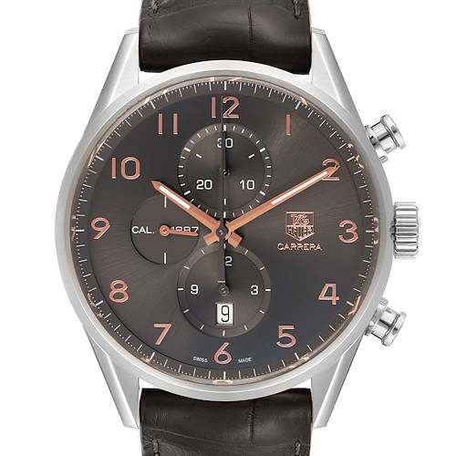 The image shows a frontal view of a Tag Heuer Carrera CAR2013.FC6313 Men's Stainless Steel Black Dial CAR2013.FC6313 Men's Stainless Steel Black Dial watch, displaying its dial, hands, subdials, and crown.