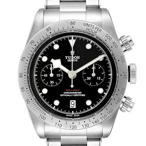 The image shows the Tudor Heritage Black Bay 79350 Men's Stainless Steel Black Dial 79350 Men's Stainless Steel Black Dial watch from a front angle, highlighting the dial, bezel, and bracelet.