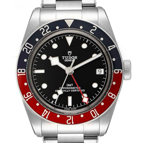 The image shows a front view of the Tudor Heritage Black Bay 79830RB Men's Stainless Steel Black Dial 79830RB Men's Stainless Steel Black Dial watch face, bezel, and partial bracelet.