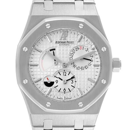 The image shows a frontal view of the Audemars Piguet Royal Oak 26120ST Men's Stainless Steel Silver Dial 26120ST Men's Stainless Steel Silver Dial watch, displaying the dial and bezel with subdials.