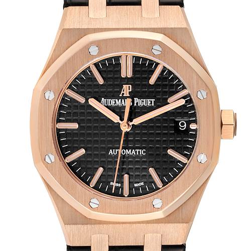 The image shows a close-up of the Audemars Piguet Royal Oak 15450OR.OO.D088CR.01 Men's Rose Gold Black Dial 15450OR.OO.D088CR.01 Men's Rose Gold Black Dial watch face, bezel, and crown.