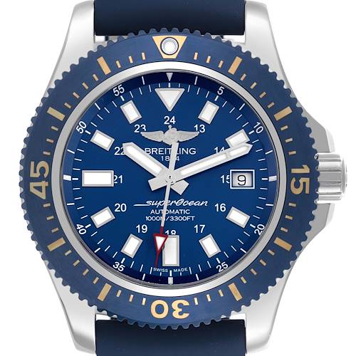 The Breitling Superocean Y17393 Men's Stainless Steel Blue Dial Y17393 Men's Stainless Steel Blue Dial watch is shown from a frontal angle, displaying the face, bezel, hands, and crown clearly.