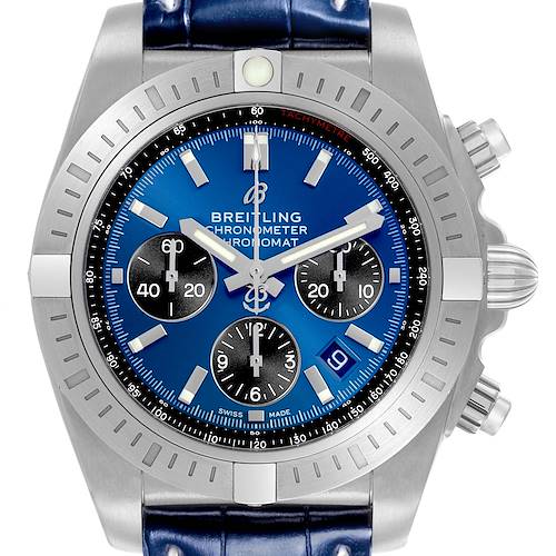 The Breitling Chronomat AB0115 Men's Stainless Steel Blue Dial AB0115 Men's Stainless Steel Blue Dial watch is shown from the front, highlighting the bezel, blue dial, sub-dials, and case.