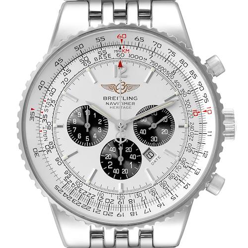 The image shows a close-up of the Breitling Navitimer A35340 Men's Stainless Steel Silver Dial A35340 Men's Stainless Steel Silver Dial watch face, including the dial, subdials, and bezel.