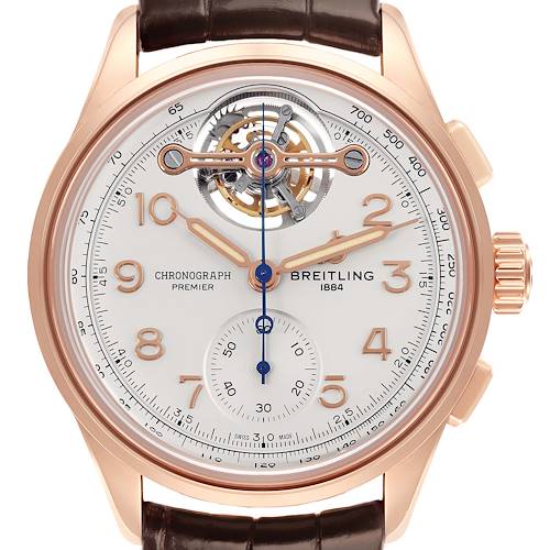 The Breitling Premier RB2120 Men's Rose Gold Silver Dial RB2120 Men's Rose Gold Silver Dial watch is shown from a front angle, highlighting the dial, tourbillon, chronograph features, and leather strap.