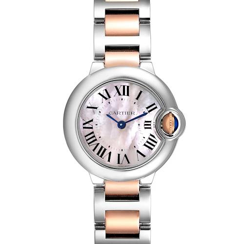 The image shows the face and bracelet of a Cartier Ballon Bleu W6920034 Women's Steel and Gold (two tone) Mother of Pearl Dial W6920034 Women's Steel and Gold (two tone) Mother of Pearl Dial watch taken from a front view.