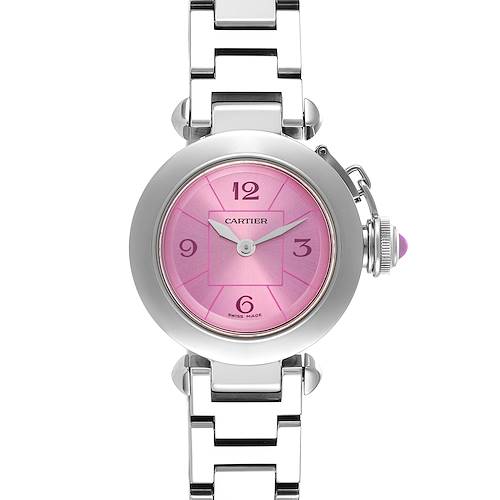 The Cartier Pasha W3140023 Women's Stainless Steel Pink Dial W3140023 Women's Stainless Steel Pink Dial watch is shown from the front, displaying its face, crown, and part of the bracelet.