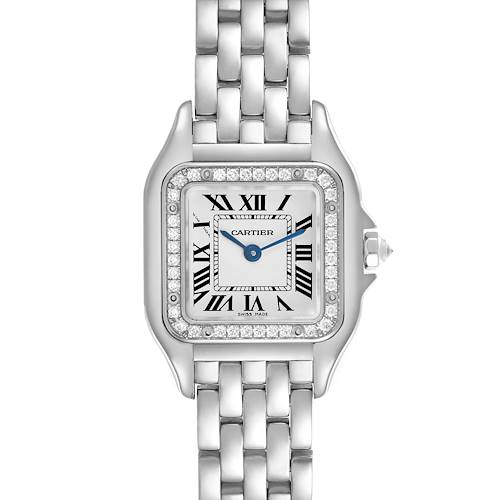 The Cartier Panthere WJPN0006 Women's White Gold Silver Dial WJPN0006 Women's White Gold Silver Dial watch is shown from the front, displaying its dial, bezel, and part of the bracelet.