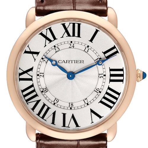 The Cartier Ronde W6801004 Men's Rose Gold Silver Dial watch is shown from a front angle, displaying the dial with Roman numerals and blue hands.