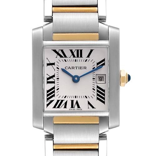 The image shows a Cartier Tank Francaise W51012Q4 Women's Steel and Gold (two tone) Silver Dial W51012Q4 Women's Steel and Gold (two tone) Silver Dial watch, featuring a rectangular face, Roman numerals, and a two-tone metal bracelet.