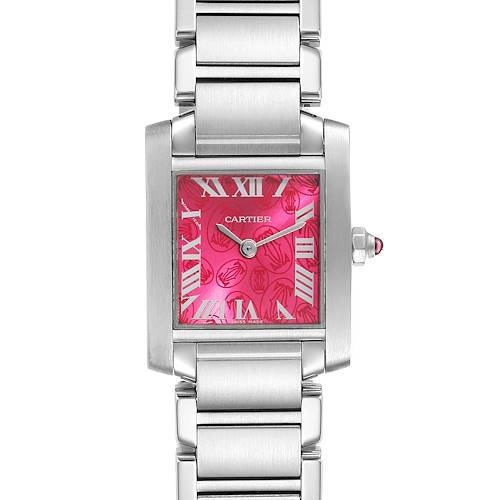 This image shows a front view of a Cartier Tank Francaise W51030Q3 Women's Stainless Steel White Dial W51030Q3 Women's Stainless Steel White Dial watch, displaying its pink dial and stainless steel bracelet.