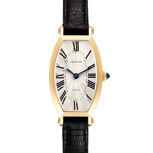 The Cartier Tortue Women's Yellow Gold Silver Dial Women's Yellow Gold Silver Dial watch is shown from a top-down angle, displaying the face, Roman numerals, hands, and leather strap.