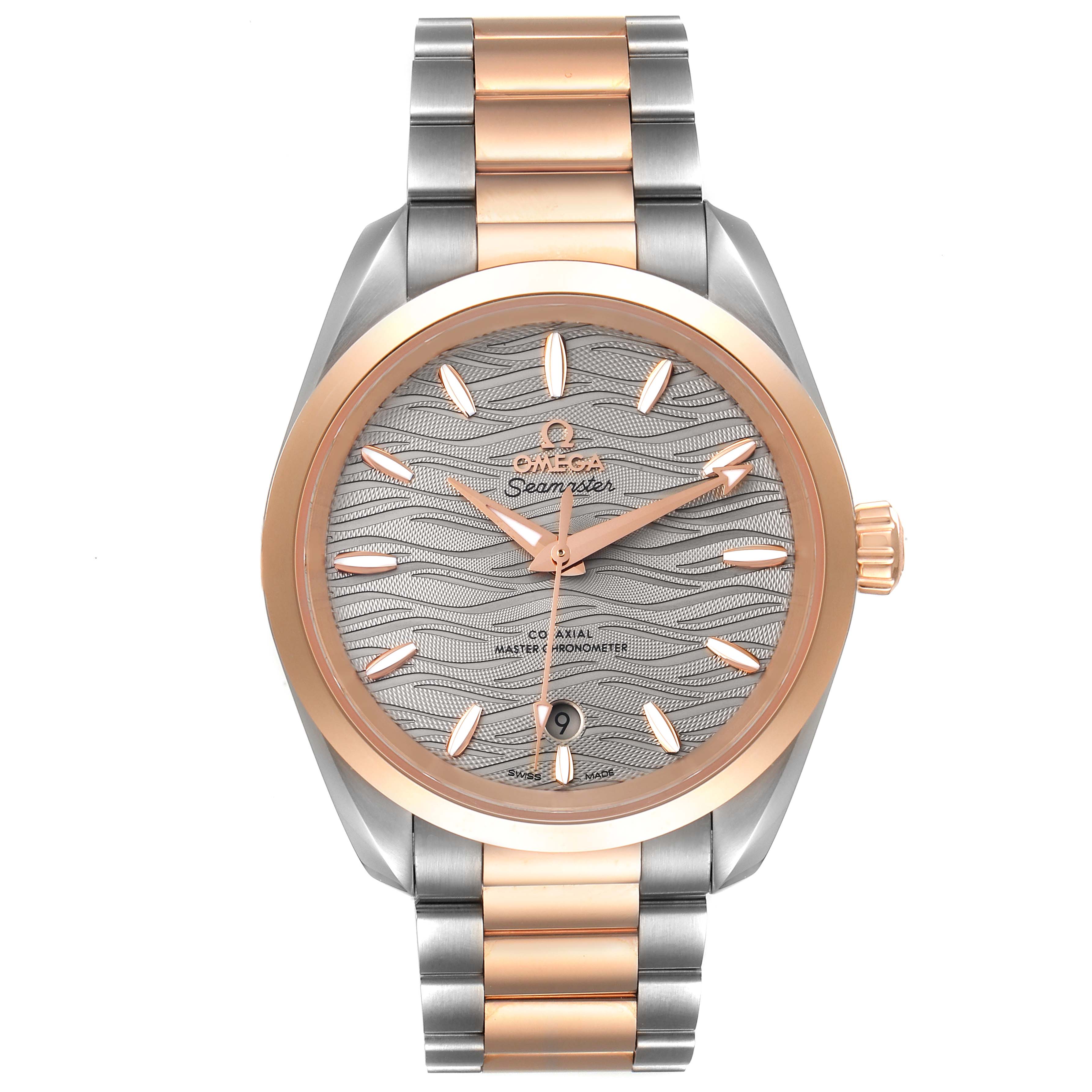 This image shows a front view of the Seamaster Aqua Terra Steel Rose Gold Watch 220.20.38.20.06.001 by Omega 220.20.38.20.06.001 Women's Steel and Gold (two tone) Grey Dial 220.20.38.20.06.001 Women's Steel and Gold (two tone) Grey Dial.