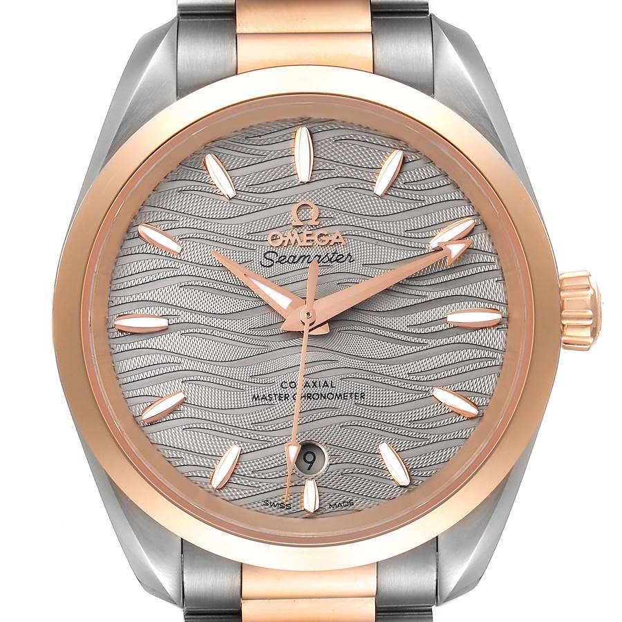 The Omega 220.20.38.20.06.001 Women's Steel and Gold (two tone) Grey Dial 220.20.38.20.06.001 Women's Steel and Gold (two tone) Grey Dial Seamaster Aqua Terra Steel Rose Gold Watch 220.20.38.20.06.001 is shown from a front angle, highlighting its face and bracelet.