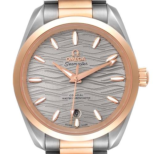 The image shows a front view of the Omega 220.20.38.20.06.001 Women's Steel and Gold (two tone) Grey Dial 220.20.38.20.06.001 Women's Steel and Gold (two tone) Grey Dial Seamaster Aqua Terra Steel Rose Gold Watch 220.20.38.20.06.001.