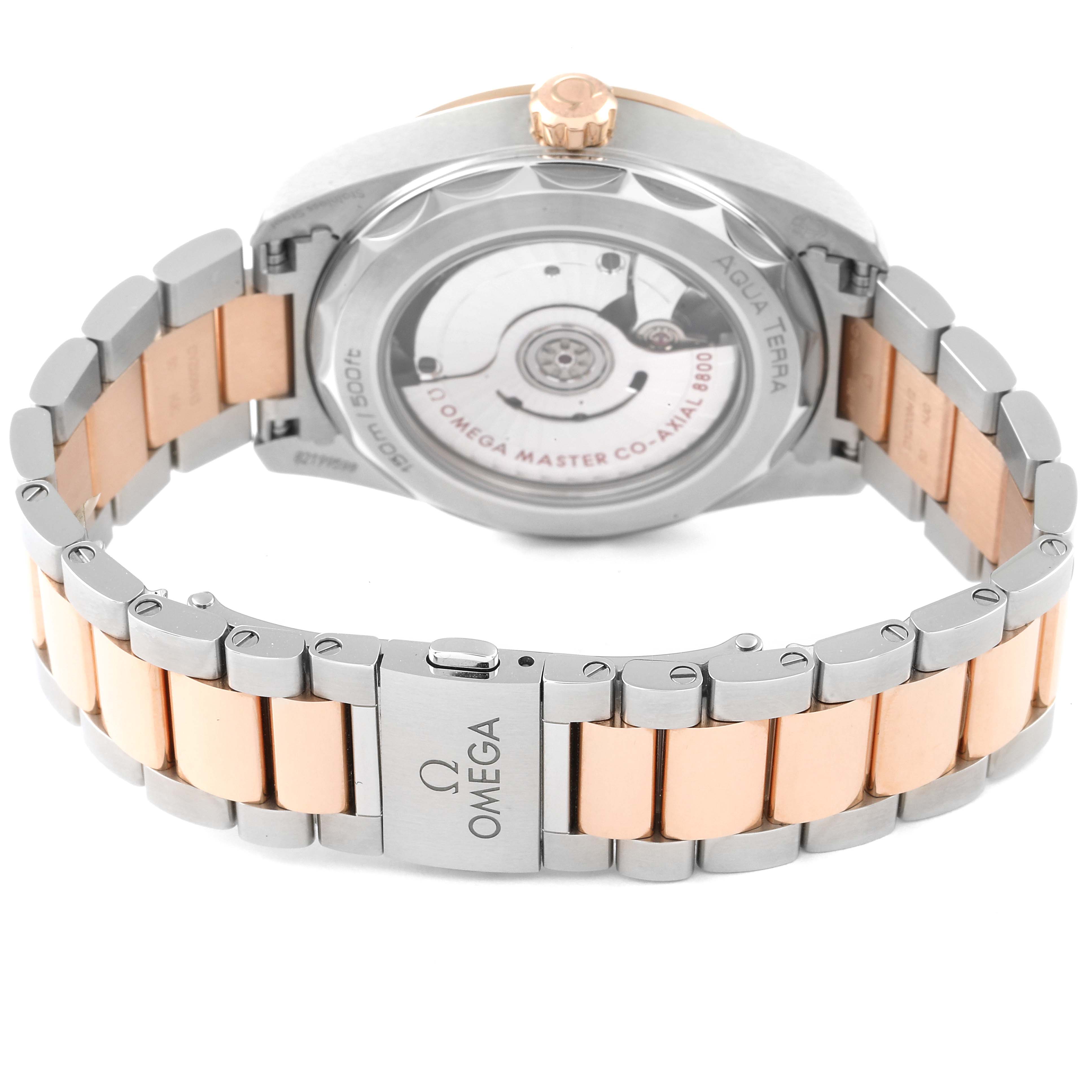 The image shows the back view of the Omega 220.20.38.20.06.001 Women's Steel and Gold (two tone) Grey Dial 220.20.38.20.06.001 Women's Steel and Gold (two tone) Grey Dial Seamaster Aqua Terra Steel Rose Gold Watch 220.20.38.20.06.001, highlighting the bracelet and clasp.