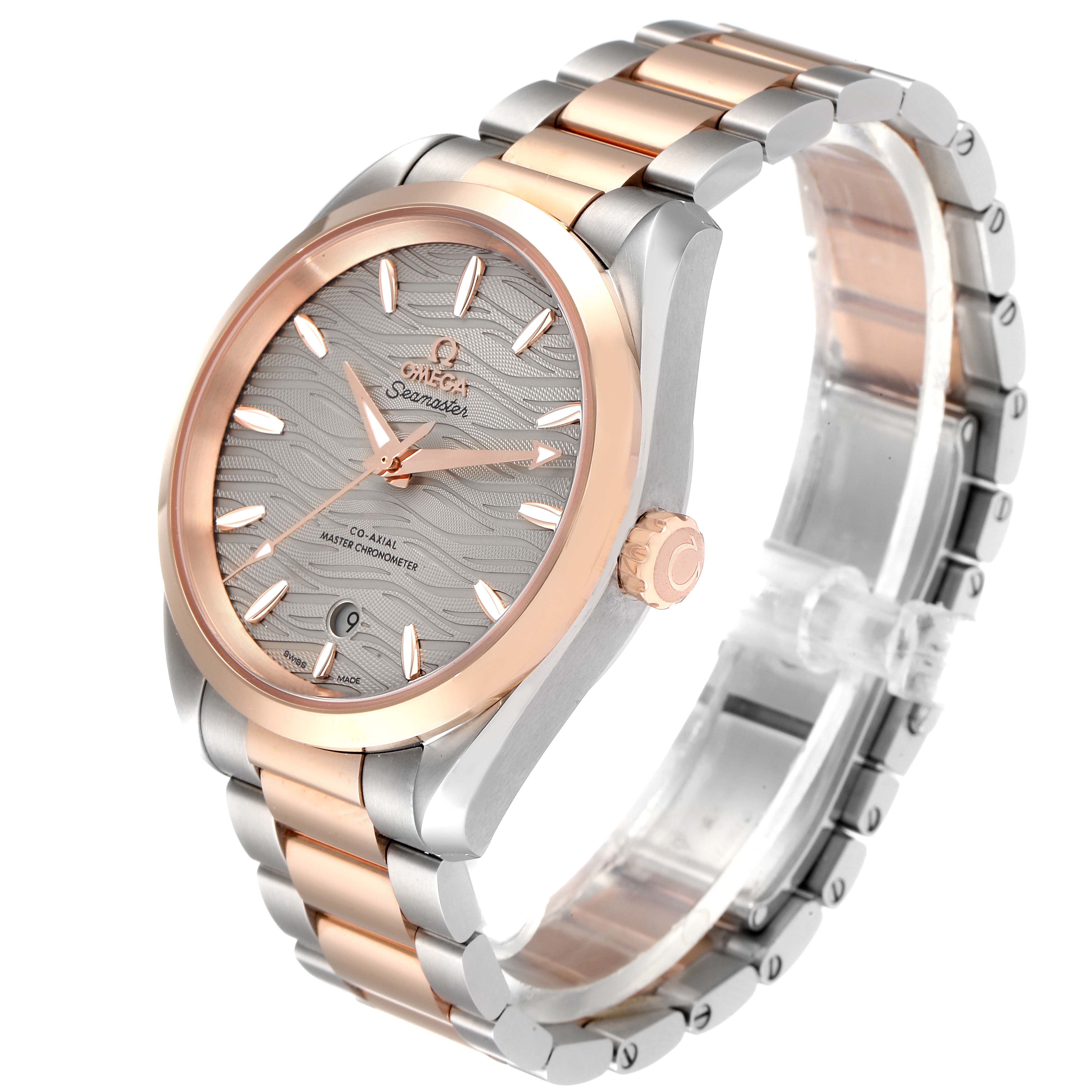 This image shows a side and front angle of the Omega 220.20.38.20.06.001 Women's Steel and Gold (two tone) Grey Dial 220.20.38.20.06.001 Women's Steel and Gold (two tone) Grey Dial Seamaster Aqua Terra Steel Rose Gold Watch 220.20.38.20.06.001.