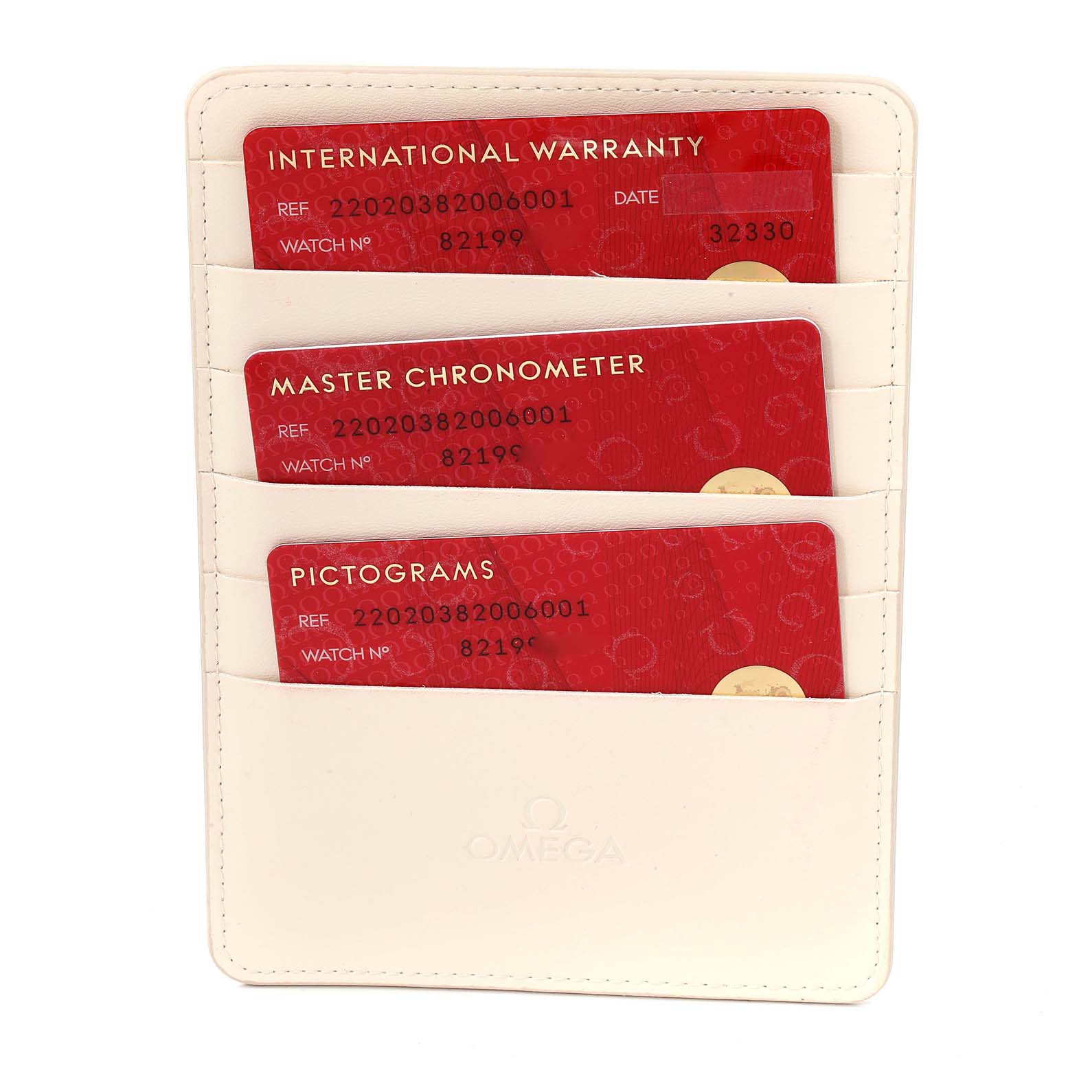 This image shows the warranty cards for an Omega 220.20.38.20.06.001 Women's Steel and Gold (two tone) Grey Dial 220.20.38.20.06.001 Women's Steel and Gold (two tone) Grey Dial Seamaster Aqua Terra Steel Rose Gold Watch 220.20.38.20.06.001 in a cardholder.