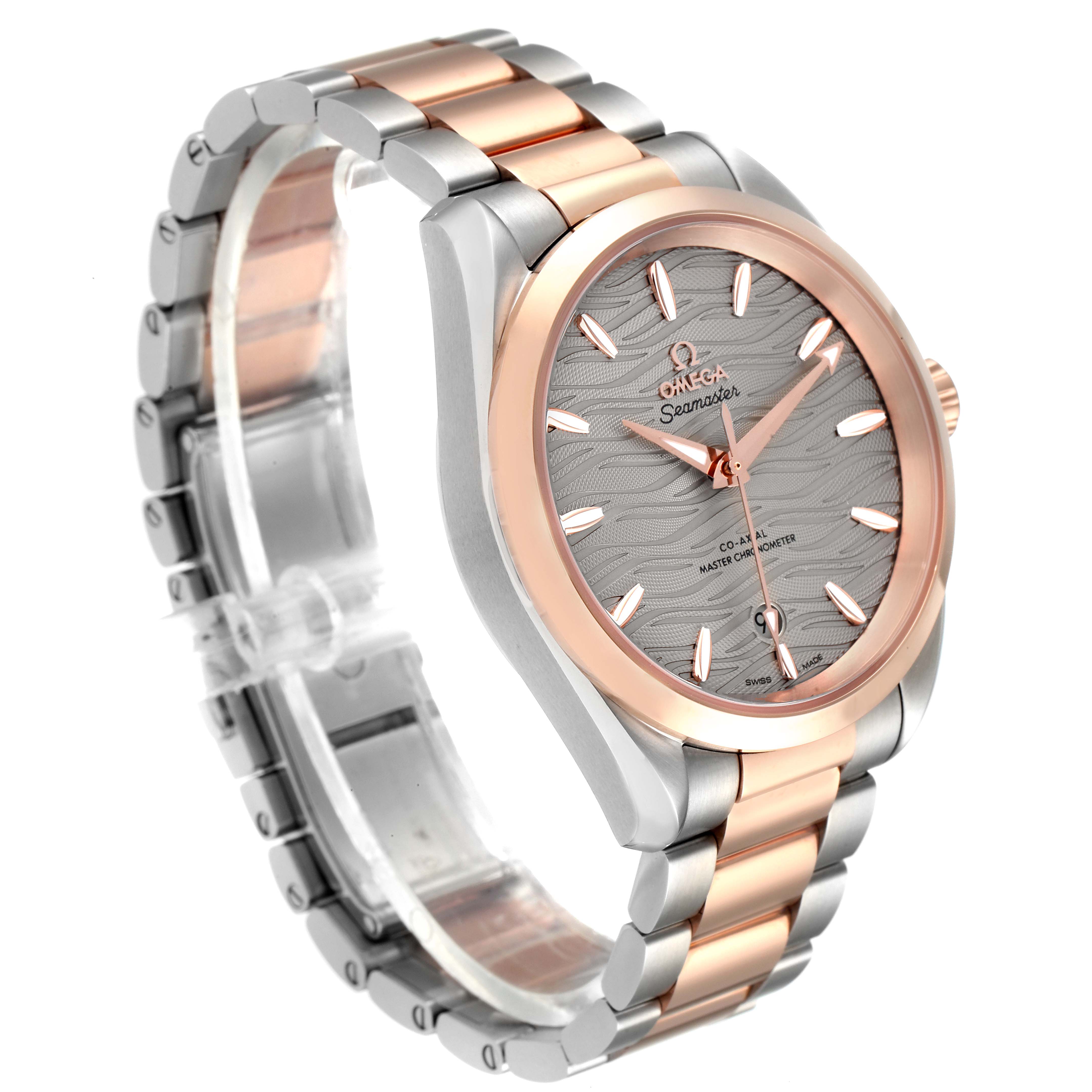 This image shows the face and bracelet of the Omega 220.20.38.20.06.001 Women's Steel and Gold (two tone) Grey Dial 220.20.38.20.06.001 Women's Steel and Gold (two tone) Grey Dial Seamaster Aqua Terra Steel Rose Gold Watch 220.20.38.20.06.001 at a three-quarter angle.