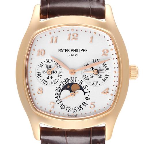 The Patek Philippe Complications 5940R - 001 Men's Rose Gold Silver Dial 5940R - 001 Men's Rose Gold Silver Dial watch is shown from a front angle, displaying the dial and case.