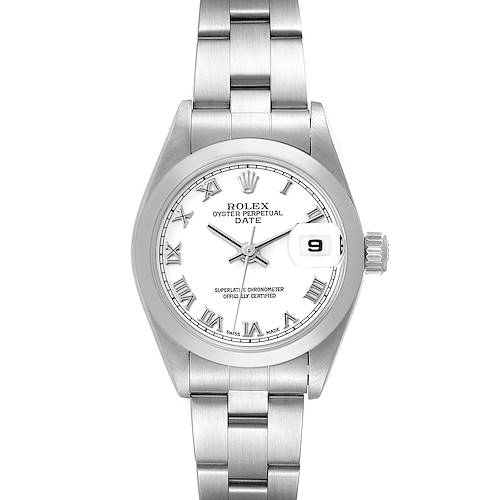 This image shows the Rolex Date 79160 Women's Stainless Steel White Dial 79160 Women's Stainless Steel White Dial model from a front angle, displaying the dial, bracelet, bezel, and date window with the crown.