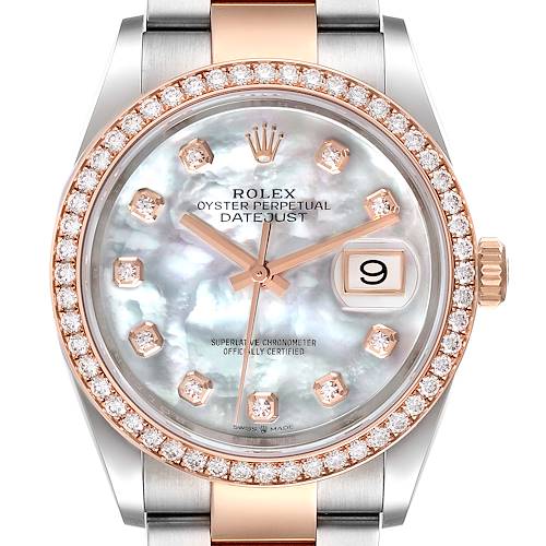 This image shows a front view of the Rolex Datejust 126281 Men's Steel and Gold (two tone) Mother of Pearl Dial 126281 Men's Steel and Gold (two tone) Mother of Pearl Dial watch, displaying the dial, bezel, crown, and part of the bracelet.