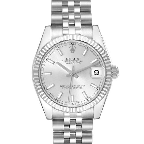 The image shows a frontal view of a Mid-Size Rolex Oyster Perpetual Datejust watch, featuring the dial, bezel, and bracelet.