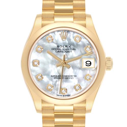 The Rolex President 278248 Women's Yellow Gold Mother of Pearl Dial 278248 Women's Yellow Gold Mother of Pearl Dial model is shown from the front, displaying the dial, hands, date, and bracelet.