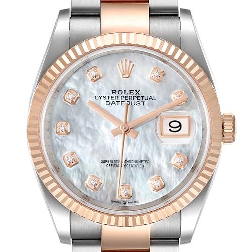 The image shows a front view of a Rolex Datejust 126231 Men's Steel and Gold (two tone) Mother of Pearl Dial 126231 Men's Steel and Gold (two tone) Mother of Pearl Dial watch, highlighting its dial, date window, bezel, and part of its bracelet.