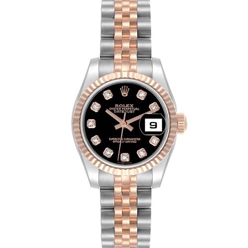 The Rolex Datejust 179171 Women's Steel and Gold (two tone) Black Dial 179171 Women's Steel and Gold (two tone) Black Dial watch is shown from a top-down angle, displaying the face, bezel, and two-tone bracelet.