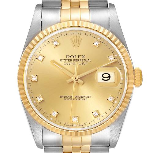 The Rolex Datejust 16233 Men's Steel and Gold (two tone) Champagne Dial 16233 Men's Steel and Gold (two tone) Champagne Dial watch is shown from the front, highlighting the dial, date magnifier, bezel, and part of the bracelet.