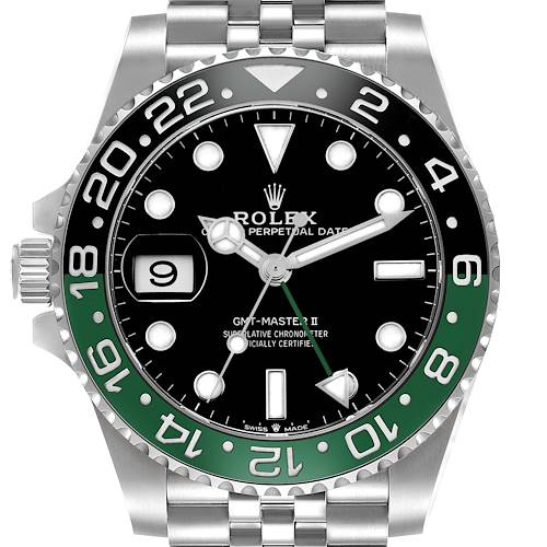 The Rolex GMT-Master 126720 Men's Stainless Steel Black Dial 126720 Men's Stainless Steel Black Dial watch is shown from a front angle, displaying the case, dial, bezel, and portion of the bracelet.