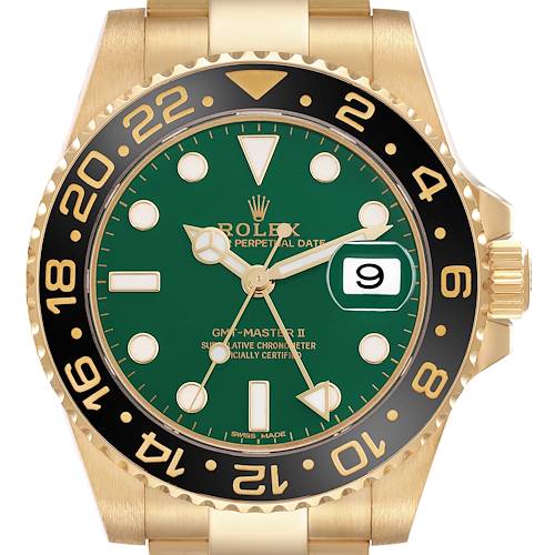 The Rolex GMT-Master 116718 Men's Yellow Gold Green Dial 116718 Men's Yellow Gold Green Dial watch is shown from the front, highlighting the bezel, dial, and date window.