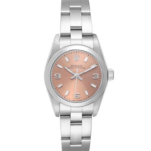 The image shows a front view of a Rolex Oyster Perpetual 76080 Women's Stainless Steel Brown Dial 76080 Women's Stainless Steel Brown Dial watch, featuring the dial, case, and bracelet.