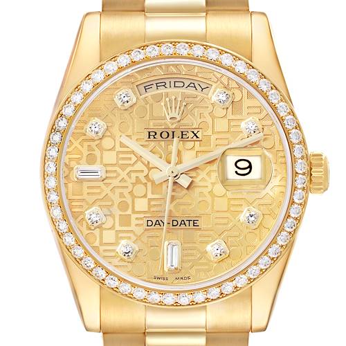 The Rolex President 118348 Men's Yellow Gold Champagne Dial 118348 Men's Yellow Gold Champagne Dial watch is shown from a front angle, highlighting the gold dial, diamond markers, and day-date feature.