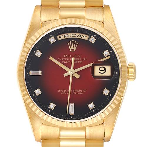 The Rolex President 18238 Men's Yellow Gold Red Dial 18238 Men's Yellow Gold Red Dial model is shown from the front, displaying its dial, day-date feature, and part of the bracelet.