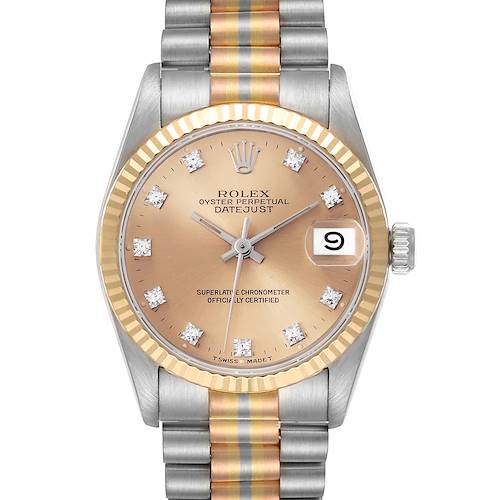 The Rolex President 68279 Women's White Gold Champagne Dial 68279 Women's White Gold Champagne Dial model is shown from the front, highlighting its two-tone dial, bezel, and bracelet.