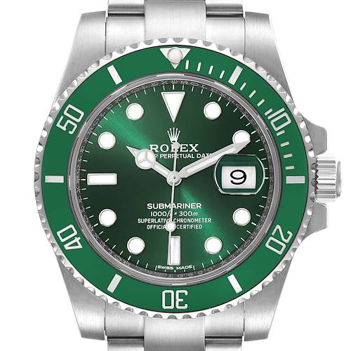 This image shows a front view of a Rolex Submariner 116610LV Men's Stainless Steel Green Dial 116610LV Men's Stainless Steel Green Dial watch, featuring its green bezel and dial, crown, and part of the bracelet.