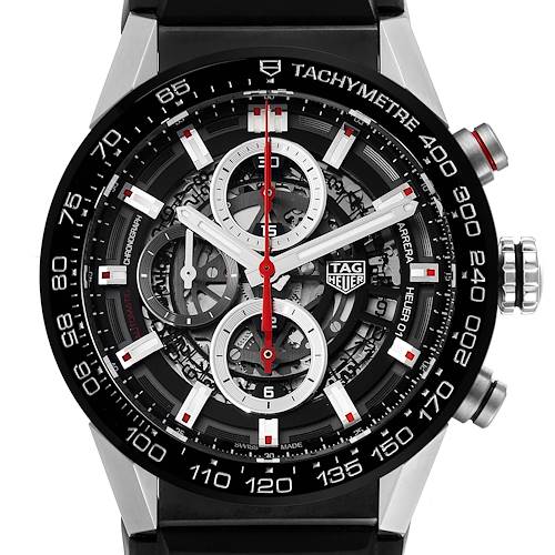 The image shows a close-up of a Tag Heuer Carrera CAR201V.BA0714 Men's Stainless Steel Black Dial CAR201V.BA0714 Men's Stainless Steel Black Dial watch, highlighting the dial, chronograph subdials, tachymeter, and crown.